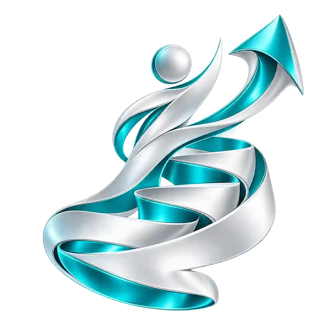 Abstract silver and turquoise upward-moving sculpture representing growth and opportunity at TrinitPro