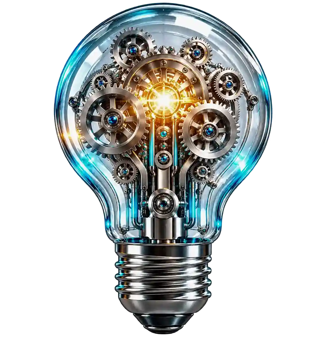 Mechanical light bulb with precision gears symbolizing engineering innovation and purpose