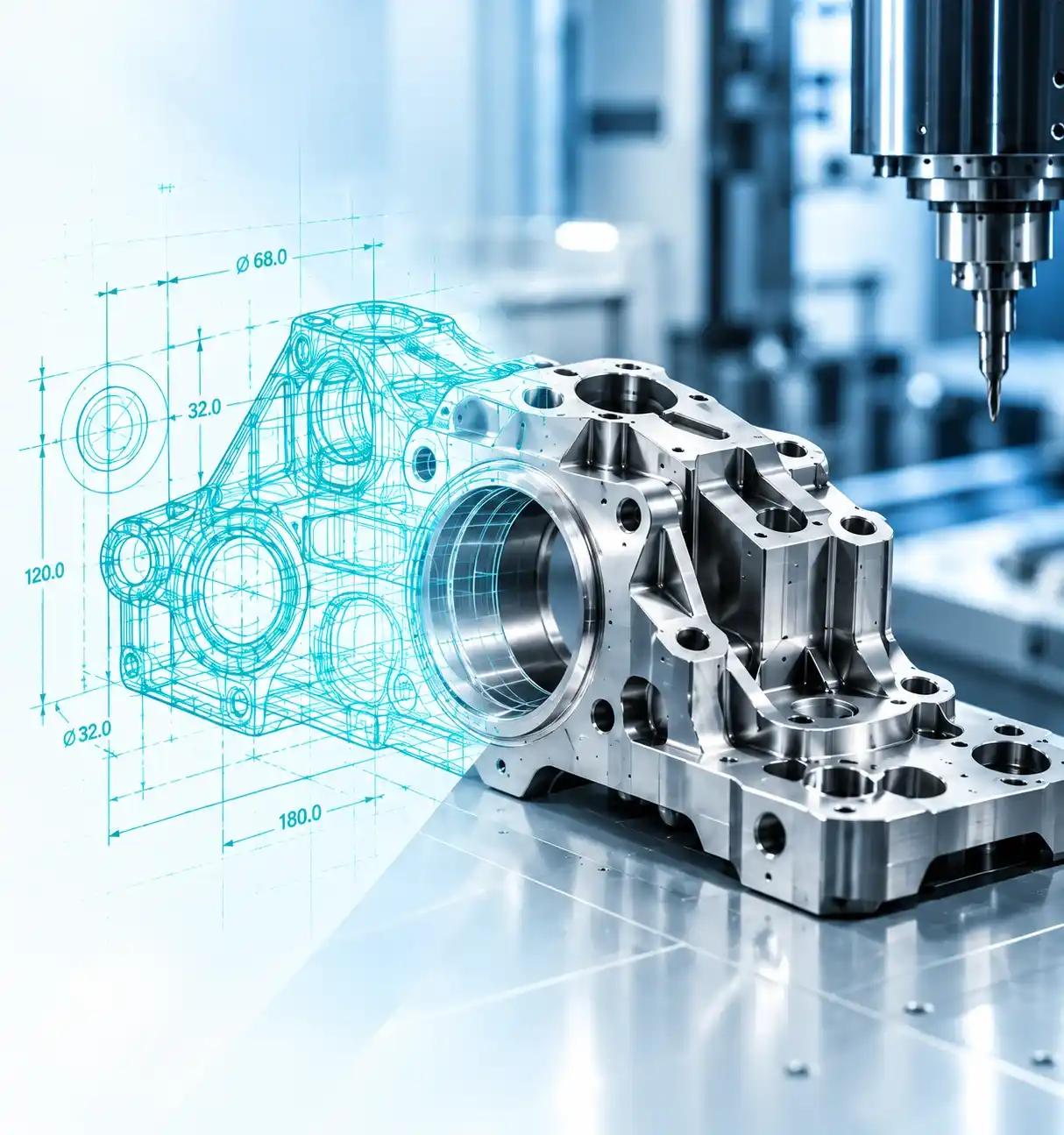 Precision CNC machined component with engineering CAD wireframe and manufacturing equipment