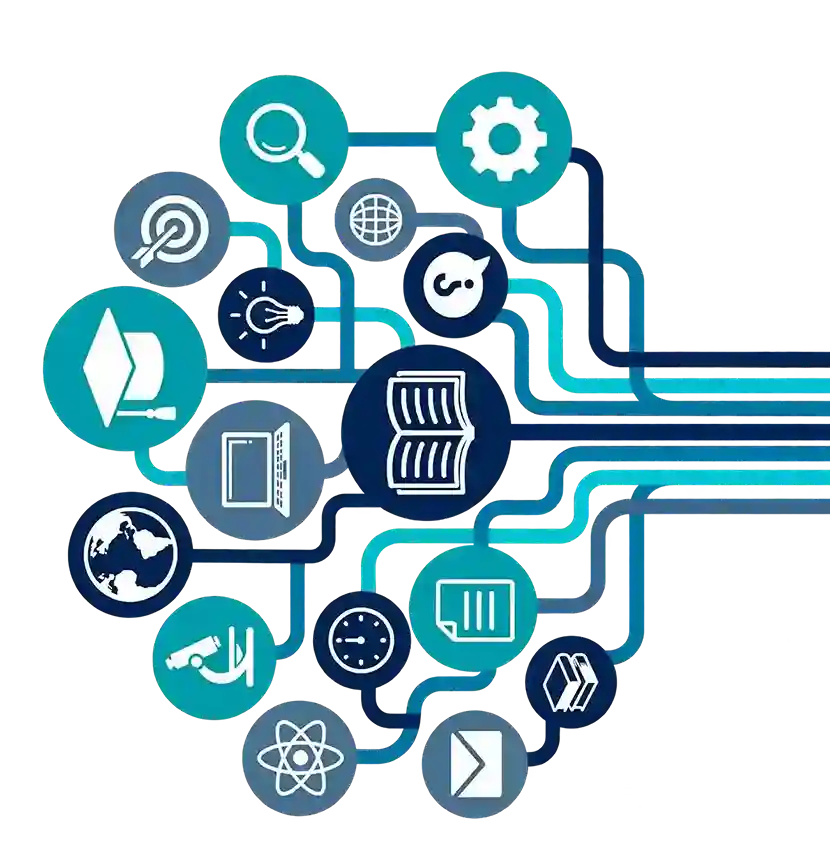 Illustrated network of engineering, materials, manufacturing, quality, and production symbols